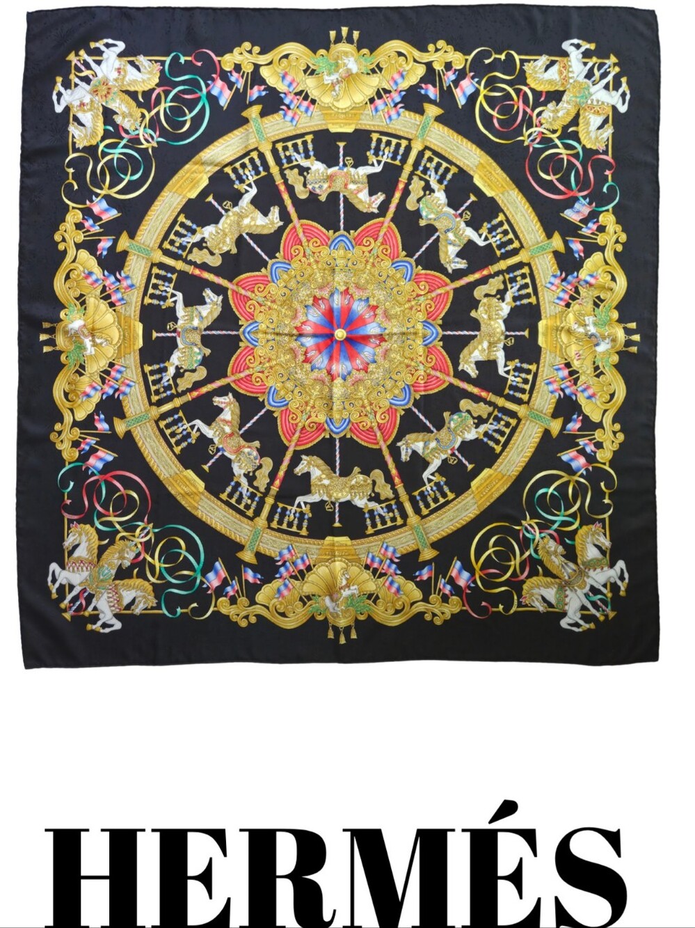 Hermes MINT Luna Park Silk Scarf 90cm/ 35" Black Carousel Horses Gold Pink Blue